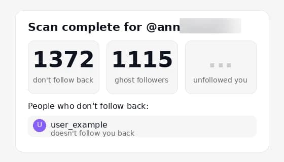 Scan results showing who doesn't follow back and ghost followers
